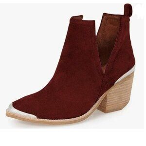 YDN Wine Low Heeled Ankle Boots Faux Suede Cowboy Booties Cutout with Metal Toe
